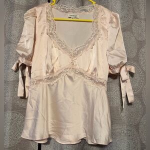 Francesca's Pale Blush Satin Lace-Trim Tank Top